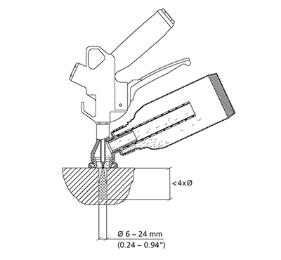 Illustration of air blow gun BG-007, when blowing in to a blinde hole. Measurements of the hole dimensions. 